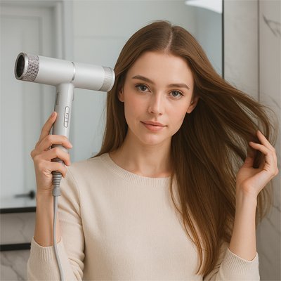 femme avec seche cheveux blanc