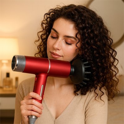 femme avec seche cheveux rouge