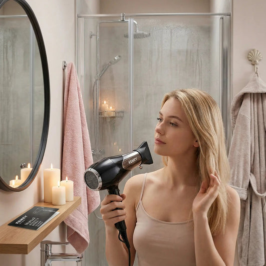 femme blonde avec seche cheveux