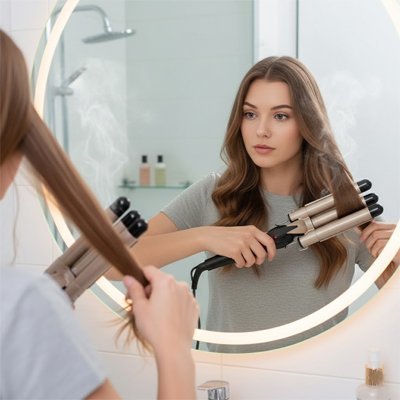 fer a friser femme devant miroir