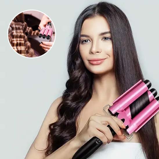 fer a friser rose avec femme brune