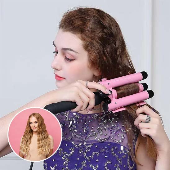 fer a friser rose avec femme rousse