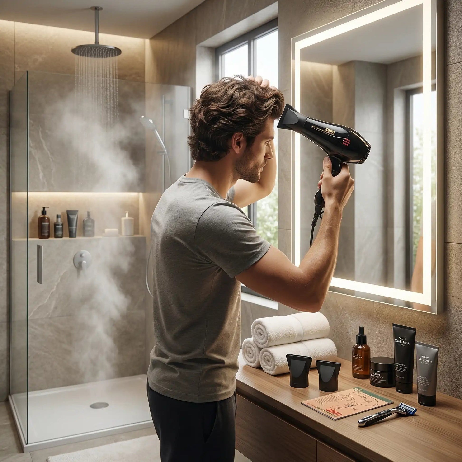homme avec seche cheveux noir