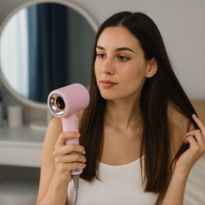 seche cheveux ionique rose femme brune